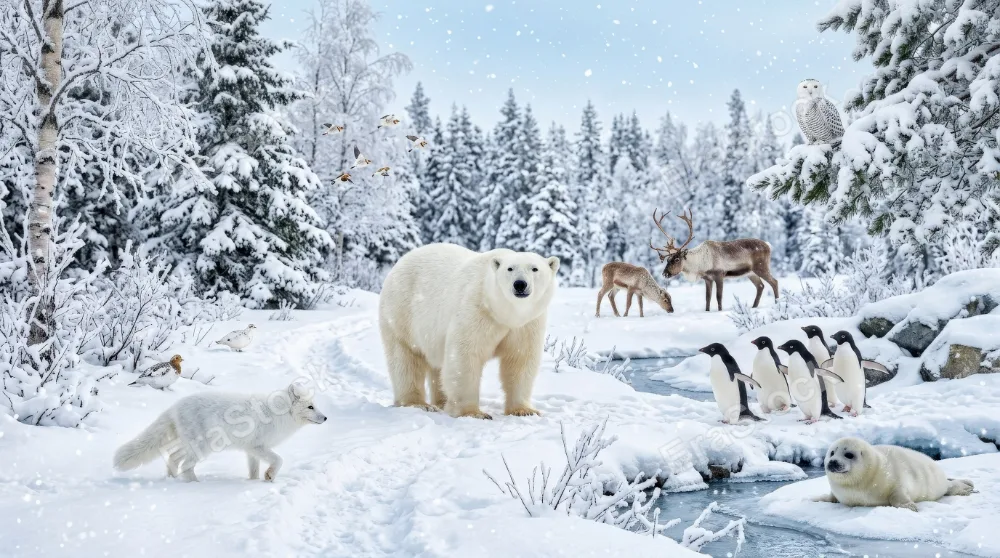A charming winter scene with adorable arctic animals including a polar bear, fox, penguins, seal, deer, and birds among snowflakes and trees, bright snowy mood, ultra-realistic, no logos.