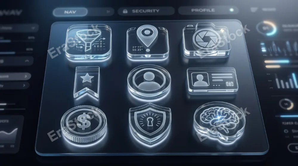 A transparent glass navigation and security icon set with filter, location, camera, bookmark, user profile, ID card, money, shield, and brain symbols, polished interface mood, ultra-realistic, no