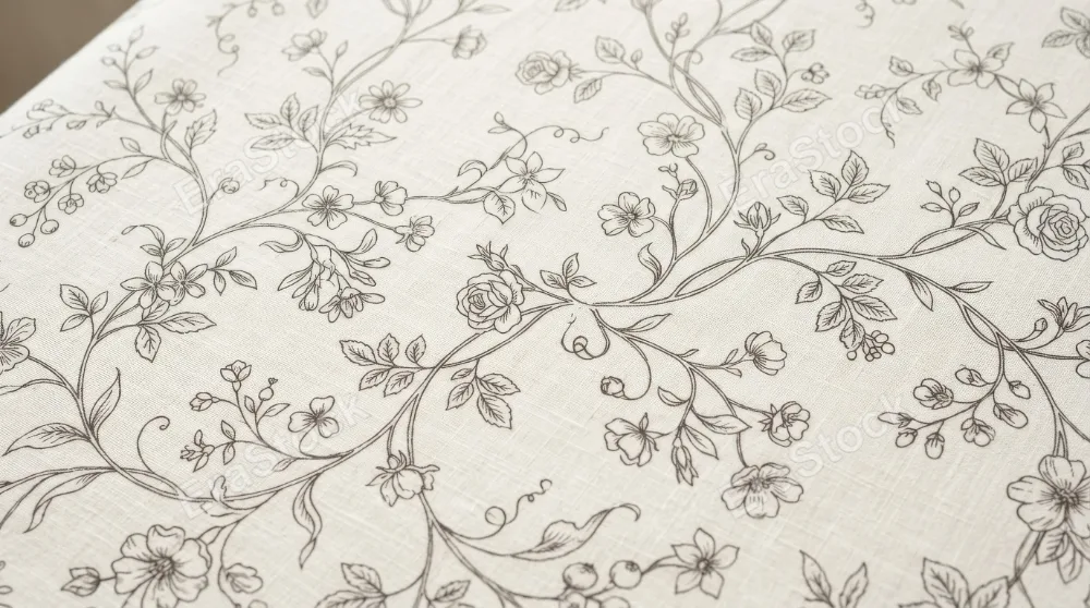 Delicate floral line pattern with intricate blooms and winding vines on a pale background, elegant airy composition and refined botanical calm, ultra-realistic, no logos.