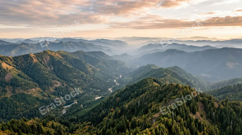 Aerial view of a beautiful forested mountain landscape, rolling tree-covered ridges fading into atmospheric haze, expansive natural depth and tranquil wilderness mood, ultra-realistic, no logos.