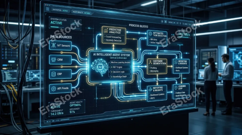 An AI automation workflow diagram with an intelligent agent system, connected process blocks, bright digital lines, clean futuristic dashboard, ultra-realistic, no logos.