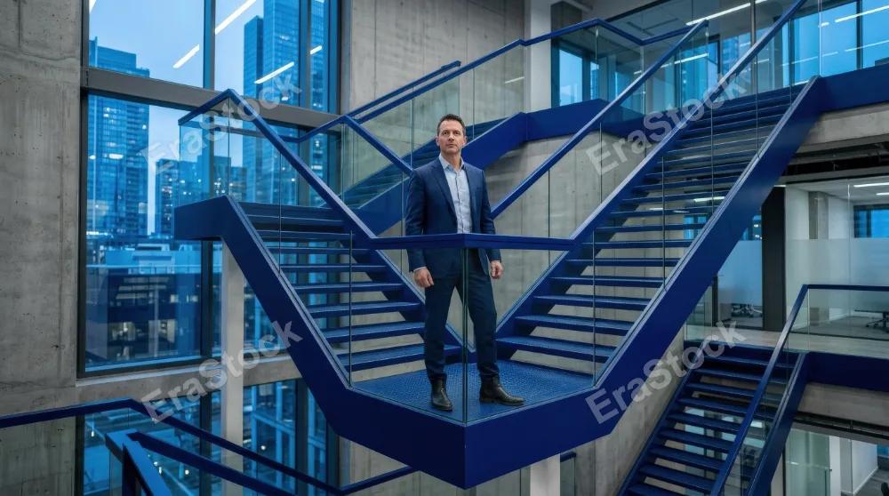 A man standing on a blue zigzag staircase and looking forward, crisp architectural composition, sharp turns, cool tonal palette, symbol of strategic agility and non-linear business growth, focused