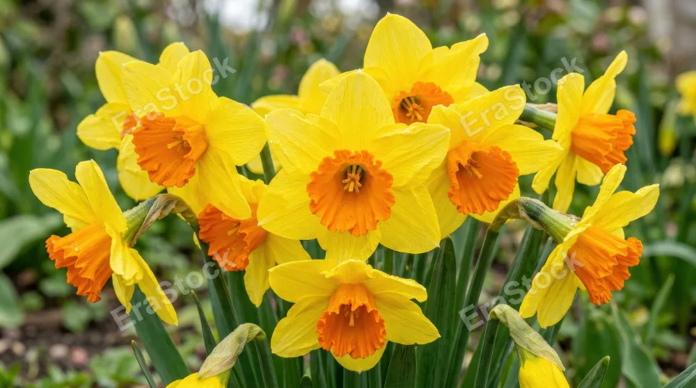 A detailed close-up of yellow daffodils with orange centers gathered in bloom, natural petal textures and lively spring color, ultra-realistic, no logos.