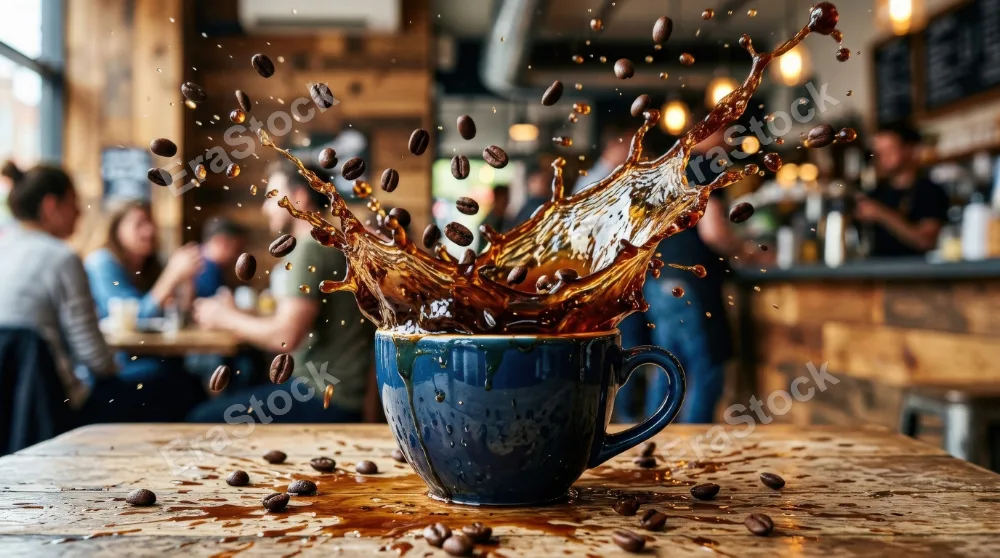 A coffee cup with a dramatic splash of coffee and beans flying outward, rich liquid motion, glossy ceramic, dynamic lighting, bold cafe energy, ultra-realistic, no logos.