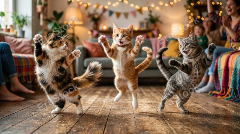 Three dancing cats mid-motion with lively paws and expressive tails, open playful space, whimsical joy and warm celebratory atmosphere, ultra-realistic, no logos.