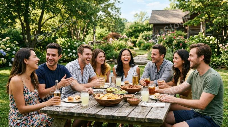 A group of friends enjoying a casual outdoor gathering on a sunny day, snacks and drinks on a table, candid smiles, relaxed atmosphere, ultra-realistic, no logos.