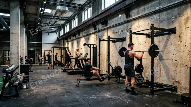 A modern gym interior with fitness equipment against a concrete wall, sleek machines, industrial textures, focused energetic lighting, ultra-realistic, no logos.