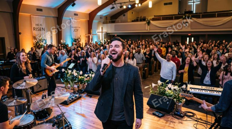 A man singing at an Easter worship service in church, contemporary praise band and congregation immersed in joyful resurrection celebration, ultra-realistic, no logos.