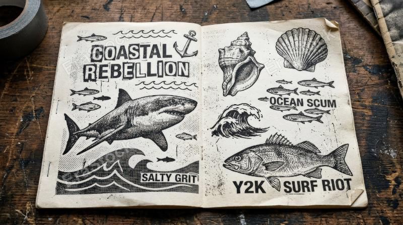 Ocean-themed photocopy elements with fish and seashells, gritty punk grain and stipple texture, bold y2k coastal attitude with worn monochrome detail, ultra-realistic, no logos.