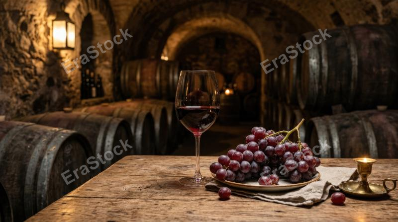 A glass of red wine with fresh grapes on a wooden table inside a wine cellar, oak barrels fading into the background, warm dim lighting and rustic elegance, ultra-realistic, no logos.