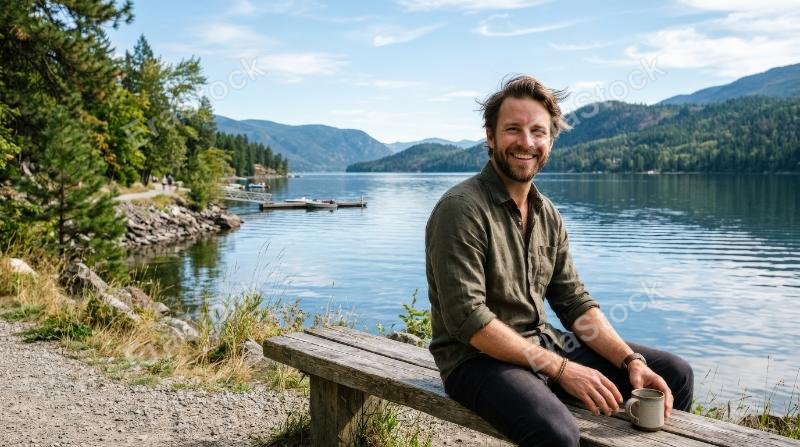 A smiling man enjoying the outdoors by a scenic waterfront setting, gentle breeze, reflective water, bright natural light, relaxed and content atmosphere, ultra-realistic, no logos.