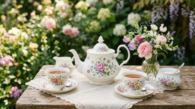 A tea set with floral décor, delicate cups, teapot, and blossoms, soft refined styling, tranquil afternoon atmosphere, ultra-realistic, no logos.