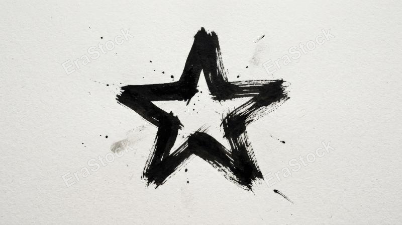 A hand-drawn black star symbol set with brush and ink texture, trendy sketchbook marks isolated on white with bold graphic simplicity, ultra-realistic, no logos.