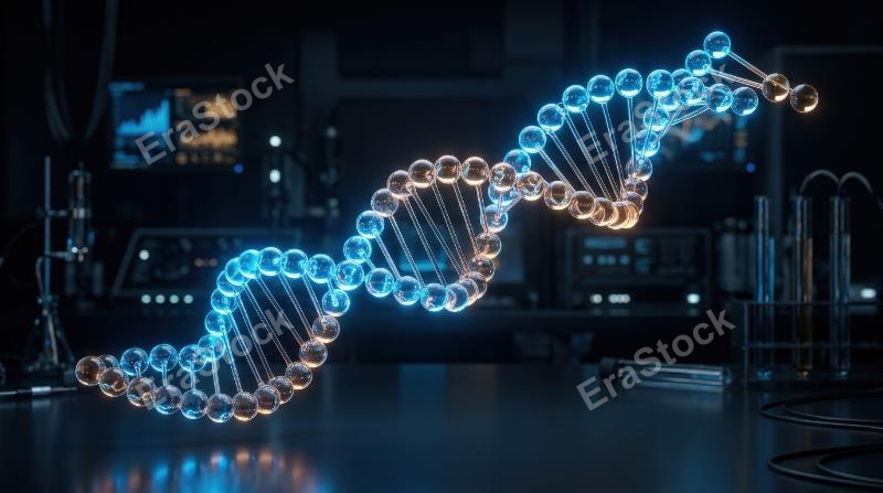 A neon glass spiral of transparent round balls with blue-brown gradient on black, flowing DNA-like curve and sleek science-tech atmosphere, ultra-realistic, no logos.