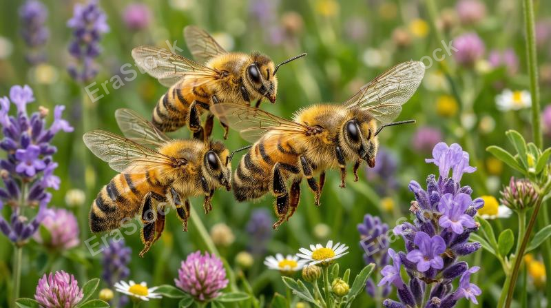 Three honey bees in close formation, delicate wings, fuzzy striped bodies, natural light, crisp macro detail, vivid and alive atmosphere, ultra-realistic, no logos.