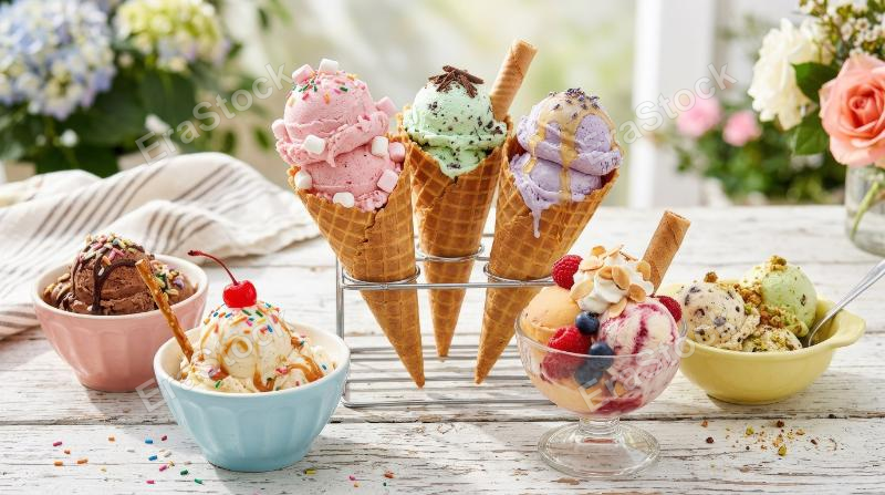 A playful assortment of ice cream desserts with cones, scoops and sweet toppings, pastel tones, creamy textures and cheerful summer dessert mood, ultra-realistic, no logos.