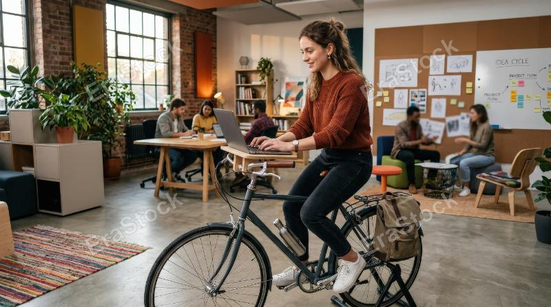 A young woman sitting on a bicycle and using a laptop in an office, unusual creative workspace, modern furniture, active and innovative atmosphere, ultra-realistic, no logos.
