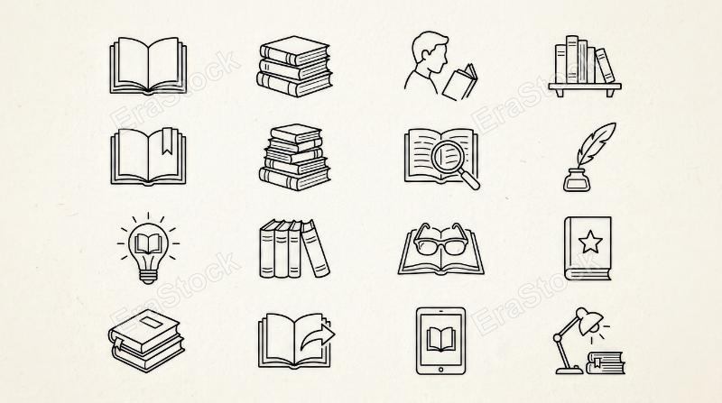 Book line icons with open books, stacked volumes and reading symbols in a monochrome drawing set, intellectual and minimal, ultra-realistic, no logos.