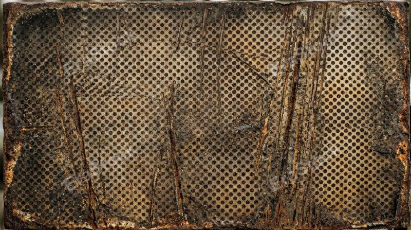 A streaky rusty metal halftone texture with aged linear wear, oxidized detail and industrial character, ultra-realistic, no logos.