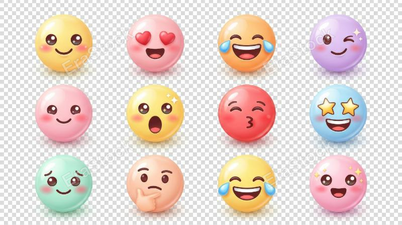 A set of cute emoji face expressions, isolated on transparent background, rounded glossy surfaces, soft pastel charm, cheerful kawaii icon mood, ultra-realistic, no logos.