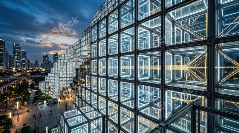 A structured grid of glass panels assembled into a futuristic lattice, square translucent modules symbolizing connectivity and scalable systems, ultra-realistic, no logos.