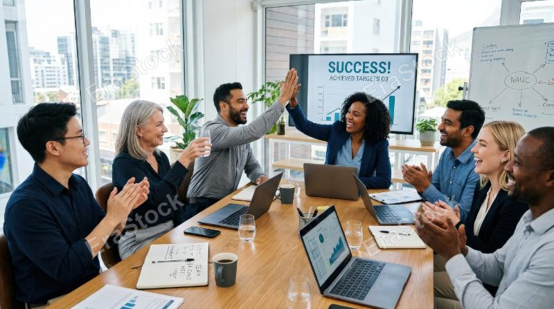 A diverse business team celebrating success with a high five during a meeting, smiling faces around a conference table with laptops and notes, modern office background, bright uplifting light and a