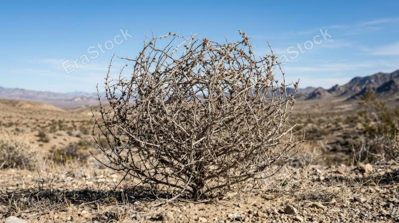 Russian thistle with wiry branching and dry sunlit texture, frontal isolated desert plant specimen in clear daylight, sparse and rugged, ultra-realistic, no logos.