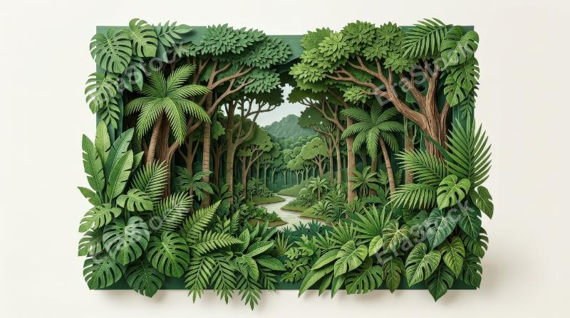 A jungle rainforest cutout set with layered tropical tree shapes, lush foliage textures, clean isolated composition, ultra-realistic, no logos.
