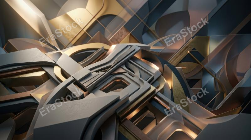 An abstract 3D background with layered sculptural geometry and soft dramatic lighting, contemporary visual depth, ultra-realistic, no logos.