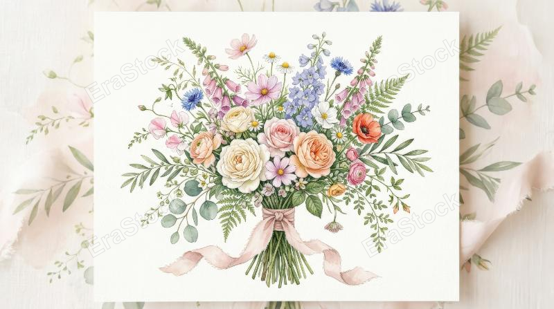A watercolor midsummer floral bouquet collection with delicate leaves and wildflowers, hand-painted stems and airy petals in romantic harmony, elegant wedding invitation mood, ultra-realistic, no