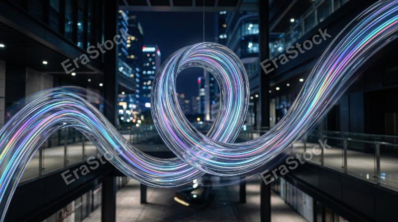 A dynamic glass ribbon with holographic gradient stripes, curved fluid movement, glossy transparency and futuristic design energy, ultra-realistic, no logos.