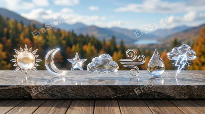 A transparent weather icon set featuring lightning, raindrop, wind, sun, moon, star and cloud, polished surfaces and a refined seasonal-forecast atmosphere, ultra-realistic, no logos.