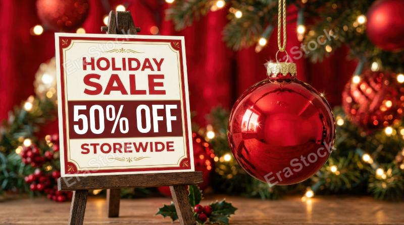 A fifty percent discount sign beside a hanging glossy red Christmas ball ornament, vibrant red background, bold holiday sales promotion mood, ultra-realistic, no logos.