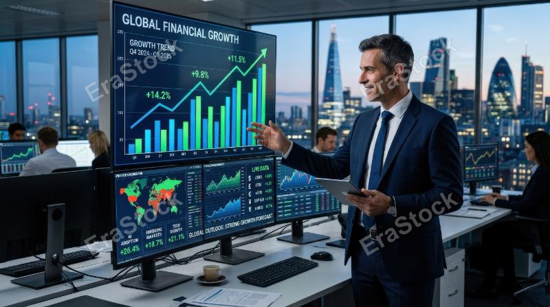 A market analyst evaluating global financial growth with AI-powered charts, rising bars, currency symbols and fintech dashboards, confident investment atmosphere, ultra-realistic, no logos.