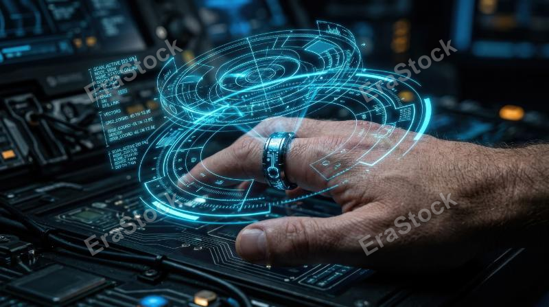 A neon blue technology ring with radar-style data lines, circular HUD geometry and cyber control-system depth, ultra-realistic, no logos.
