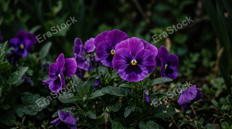 Purple pansy flowers blooming in a garden against a dark background, selective focus and soft natural light emphasizing velvety spring color, ultra-realistic, no logos.
