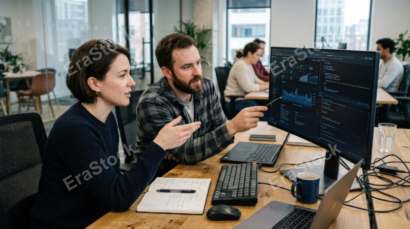 Concentrated female and male tech experts discussing strategies while working at a computer in an office, side-by-side collaboration, modern equipment, analytical and energetic mood, ultra-realistic,