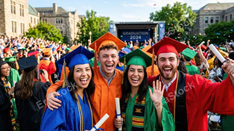 Faces of graduates wearing caps in bright colors, proud expressions, celebratory academic energy, vibrant uplifting atmosphere, ultra-realistic, no logos.
