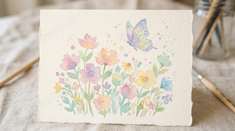 A cute watercolor floral card with abstract wildflowers and a flying butterfly, tender pastel mood, dreamy childlike elegance, ultra-realistic, no logos.