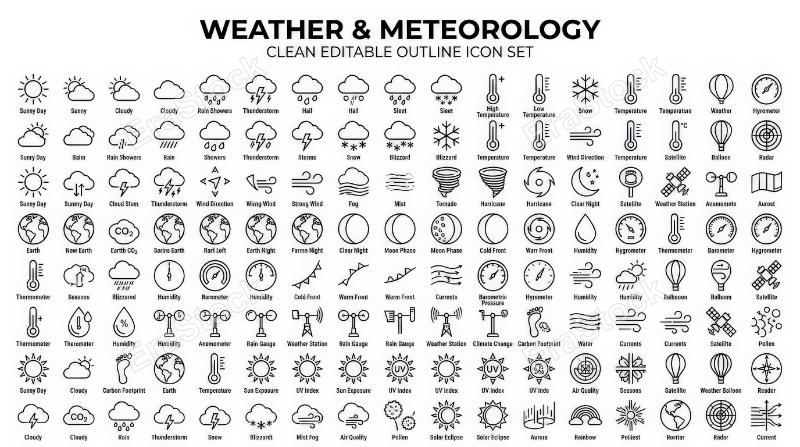Weather and meteorology icons with forecast, climate and atmospheric symbols in a clean editable outline set on white, informative and airy, ultra-realistic, no logos.