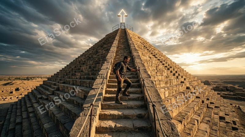 A man climbing a steep pyramid staircase toward an upward arrow at the summit, monumental geometry, strong shadows, symbol of ambition dedication and success, dramatic triumphant atmosphere,