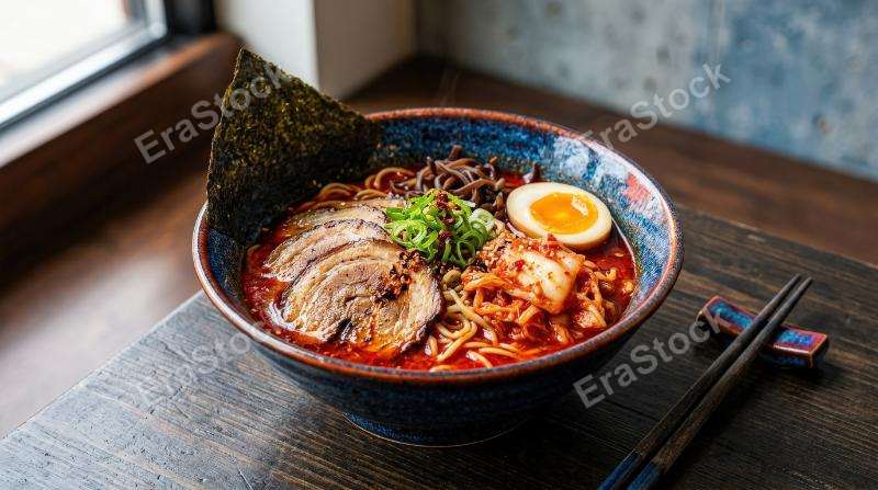 A bowl of ramen in rich red and blue tones with noodles, sliced meat, kimchi, and nori, minimal clean composition, bold color contrast, refined food styling, ultra-realistic, no logos.
