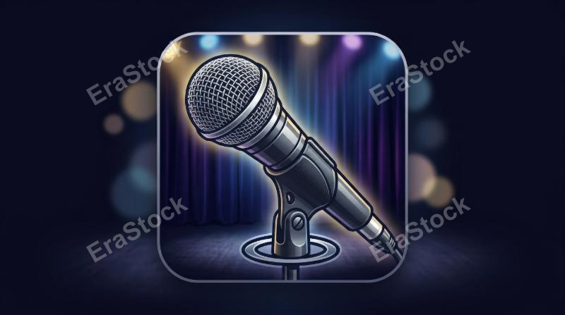 A microphone icon with classic mesh head and slim handle, audio-focused performance atmosphere, ultra-realistic, no logos.