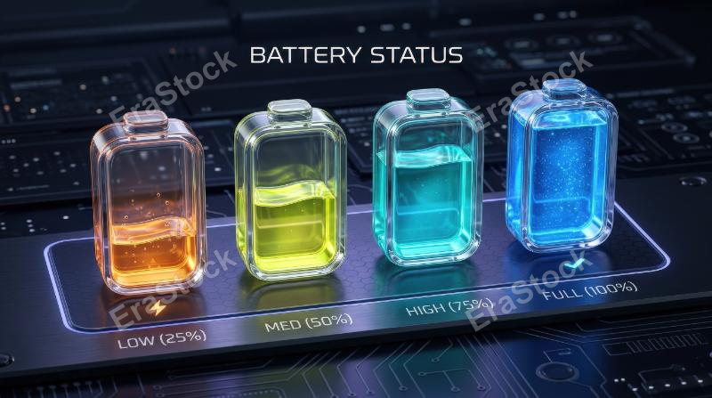 A transparent glass battery charging icon set with liquid-like clarity, layered energy levels, smooth rounded edges, subtle reflections, futuristic clean interface mood, ultra-realistic, no logos.