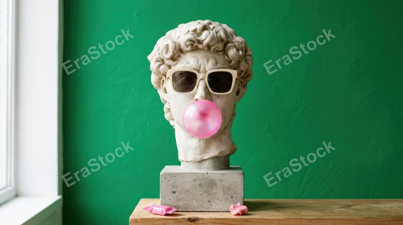 A minimal scene with sunglasses resting on a classical head sculpture, pink bubble gum and a vivid green backdrop, playful fashion-forward atmosphere, ultra-realistic, no logos.