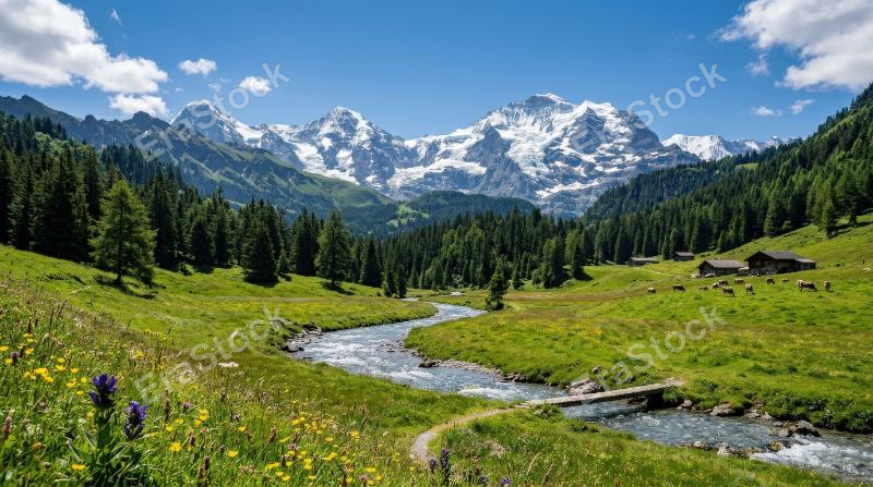 Alpine meadows with forests, mountains and a river under a clear blue sky, lush green fields and crisp scenic tranquility, ultra-realistic, no logos.