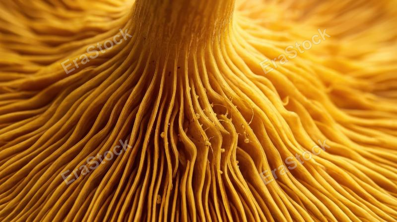 A digitally enhanced macro of mushroom gills in warm yellow tones, abstract organic lines, radiant texture and modern aesthetic depth, ultra-realistic, no logos.