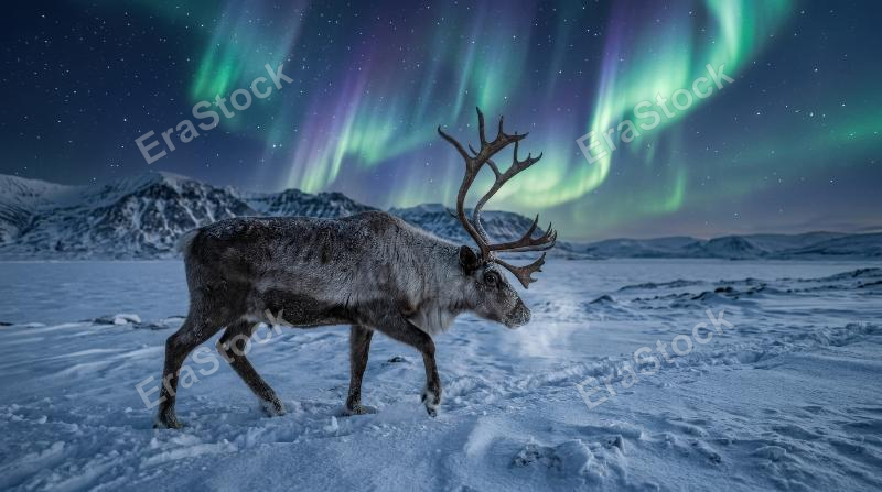 A thick-furred reindeer walking across a polar snowfield beneath shimmering aurora, icy silence and majestic northern atmosphere, ultra-realistic, no logos.