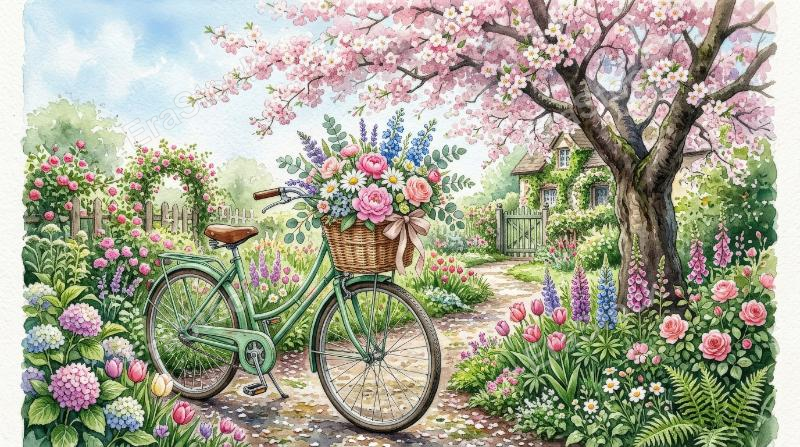 A floral watercolor set with green bicycle, wicker basket, blossom tree, flowers and plants, charming garden story, fresh spring romance, ultra-realistic, no logos.
