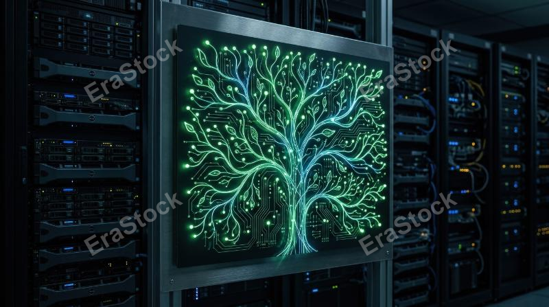 A glowing plant circuit network symbolizing sustainable AI and green technology, clean luminous branches, dark server backdrop, elegant eco-digital mood, ultra-realistic, no logos.